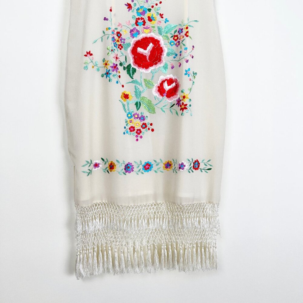 100% Silk Vintage Handmade Embroidered Floral Fringe Tassel Mini Midi Sun Dress - Picture 3 of 7